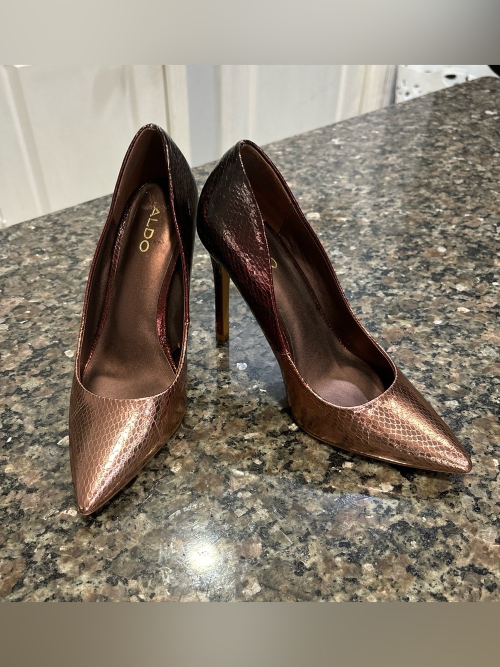 ALDO Copper Metallic Snake-Embossed Pointed Stiletto Pumps